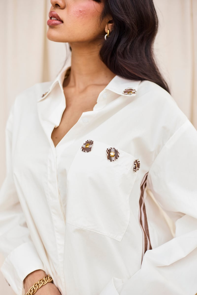 White Embellished Shirt with Side Tape Detail
