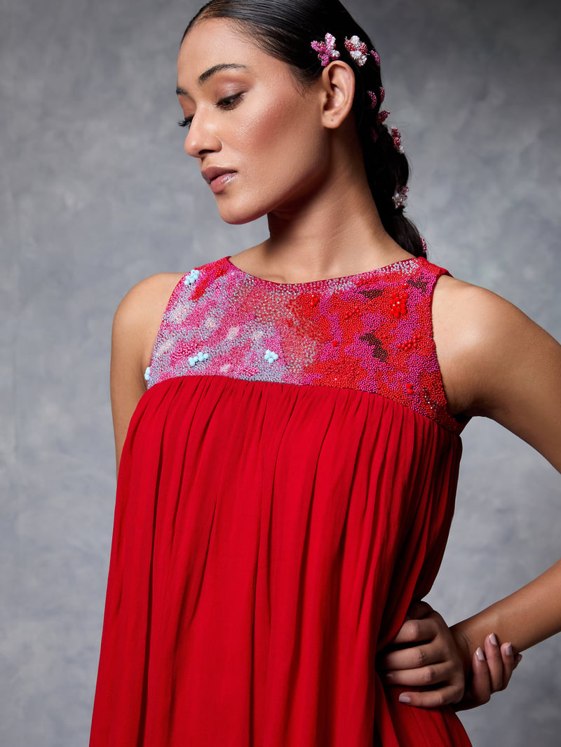 Red Georgette Sleeveless Kurta and Gharara Set