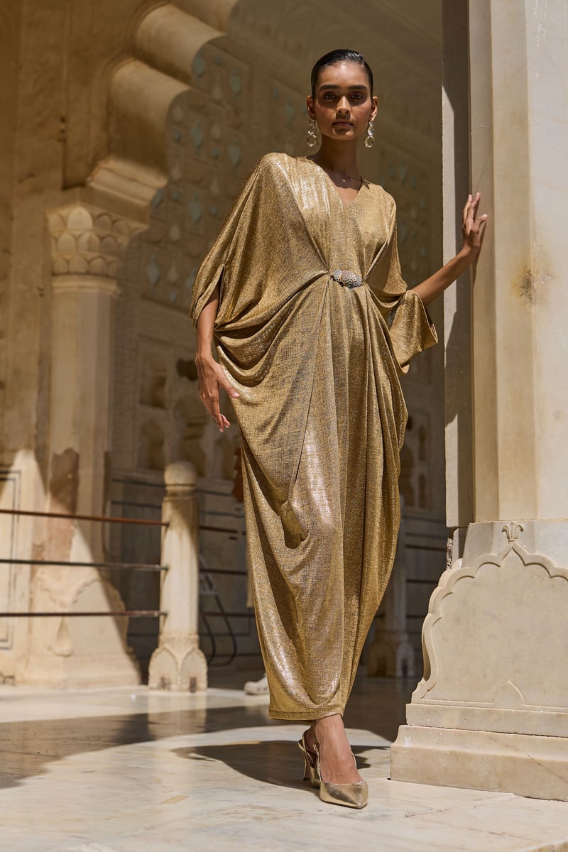 Gold Metallic Draped Maxi Kaftan with V-Neck