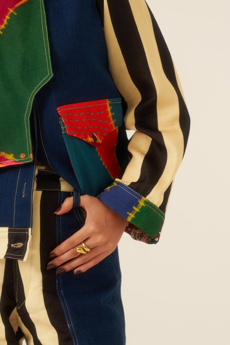 Multicolor Patchwork Denim Jacket with Striped Sleeves