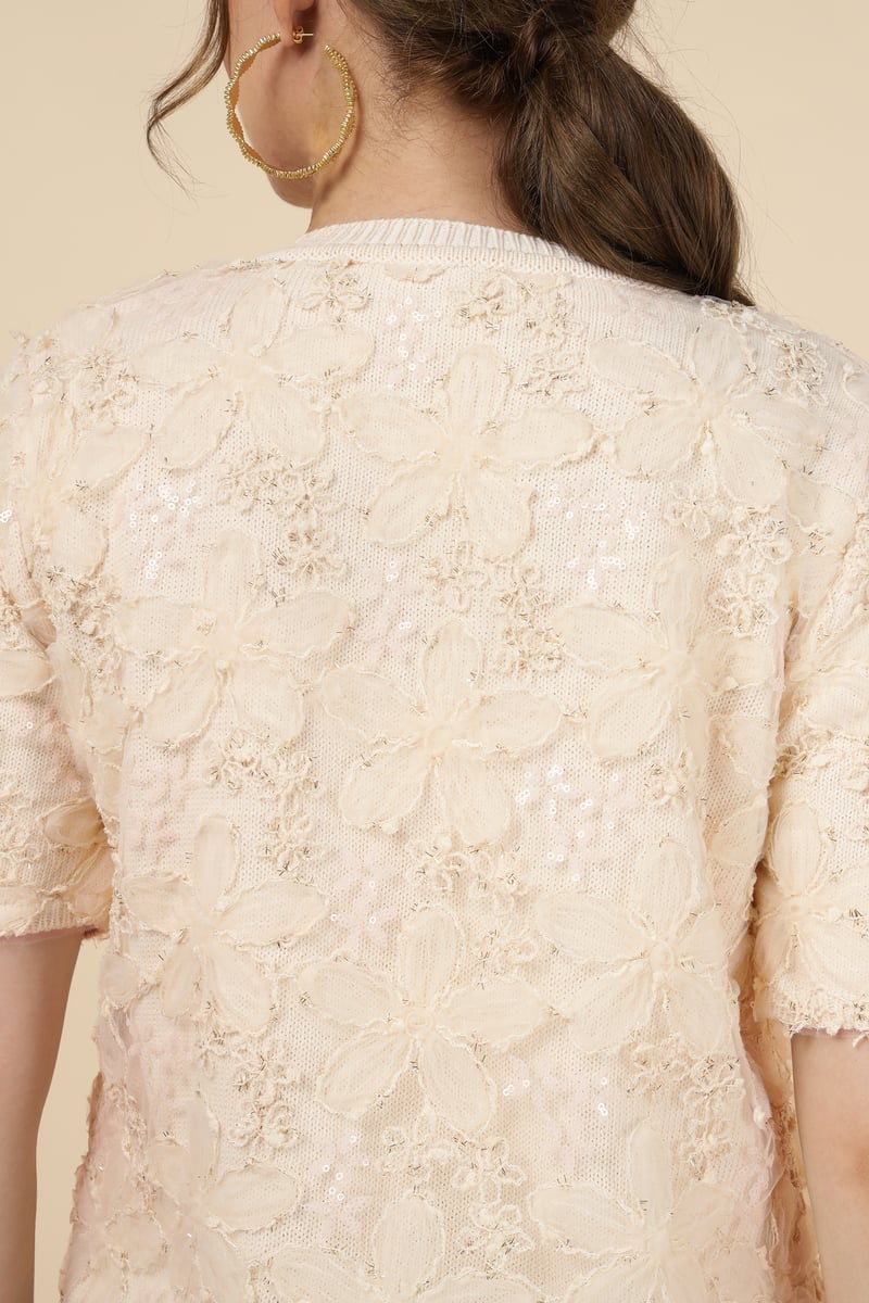 Beige Floral Textured Button-Front Cardigan