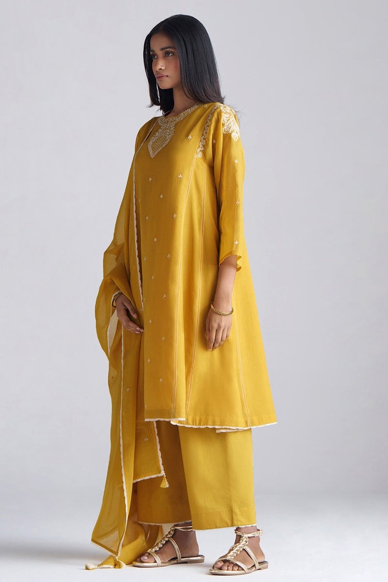 Mango Yellow A-Line Embroidered Kurta Set with Dupatta