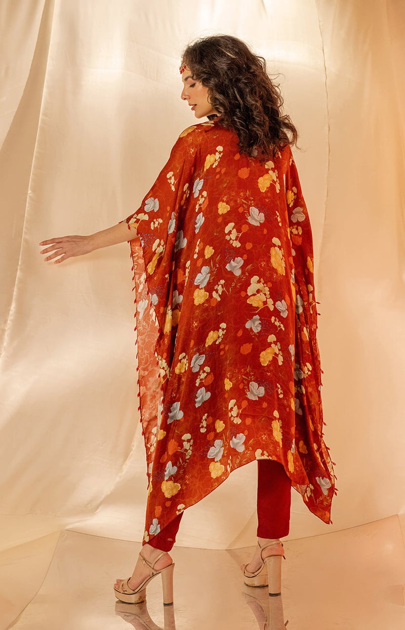Maroon Floral Kaftan Kurta Set with Embroidered Yoke