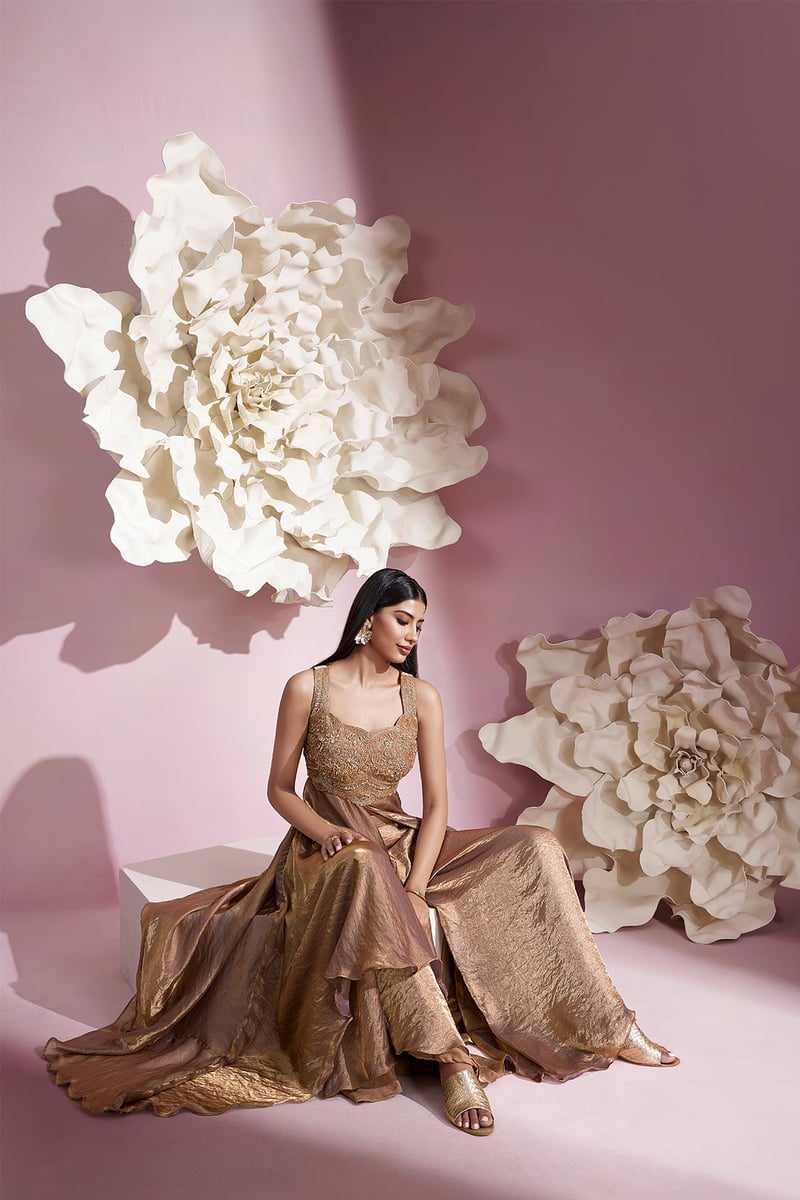 Champagne Gold Shimmer Kurta Set with Embroidered Bodice