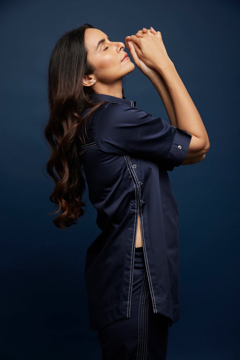 Navy Blue Cotton Satin Side-Open Co-ord Set