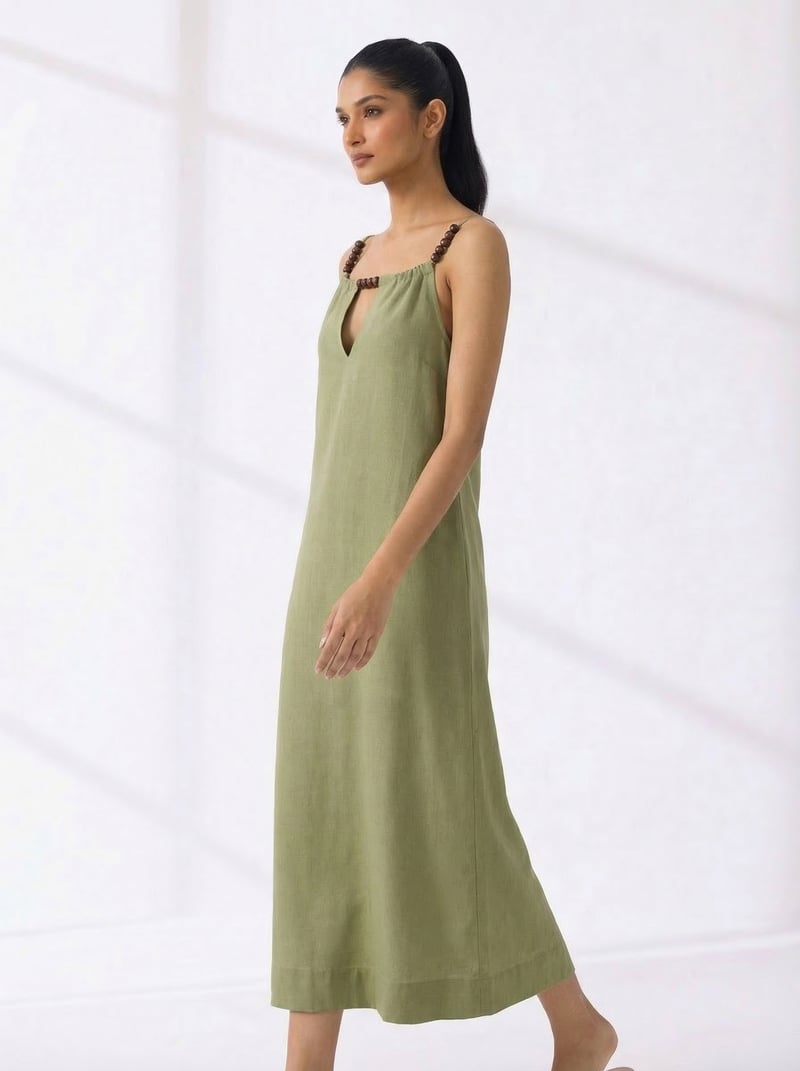 Sage Green Strap Midi Slip Dress with Keyhole Detail