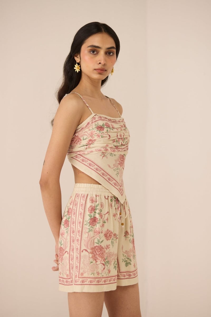 Azure Rose Floral Scarf Top with Smocked Back