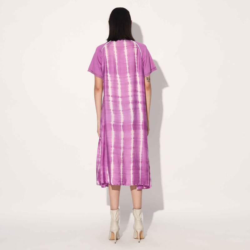 Pink/White Shibori Stripe Satin Midi Shirt Dress