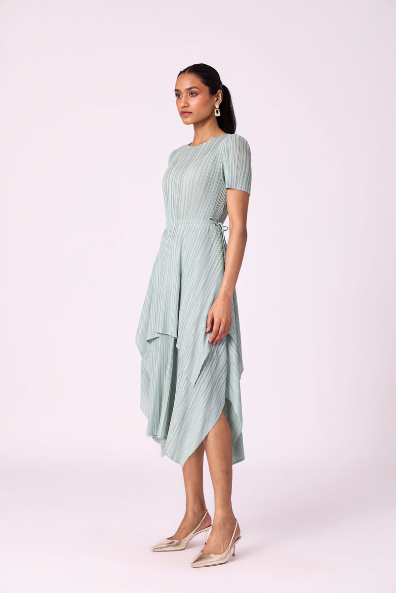 Sage Mint Pleated A-Line Midi Dress with Tie Waist