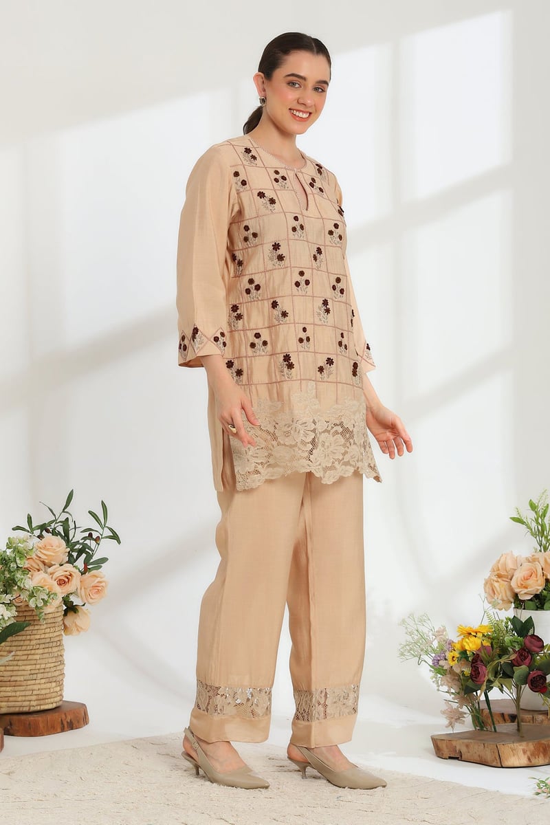 Aure Beige Hand Embroidered French Lace Silk Linen Kurta Set