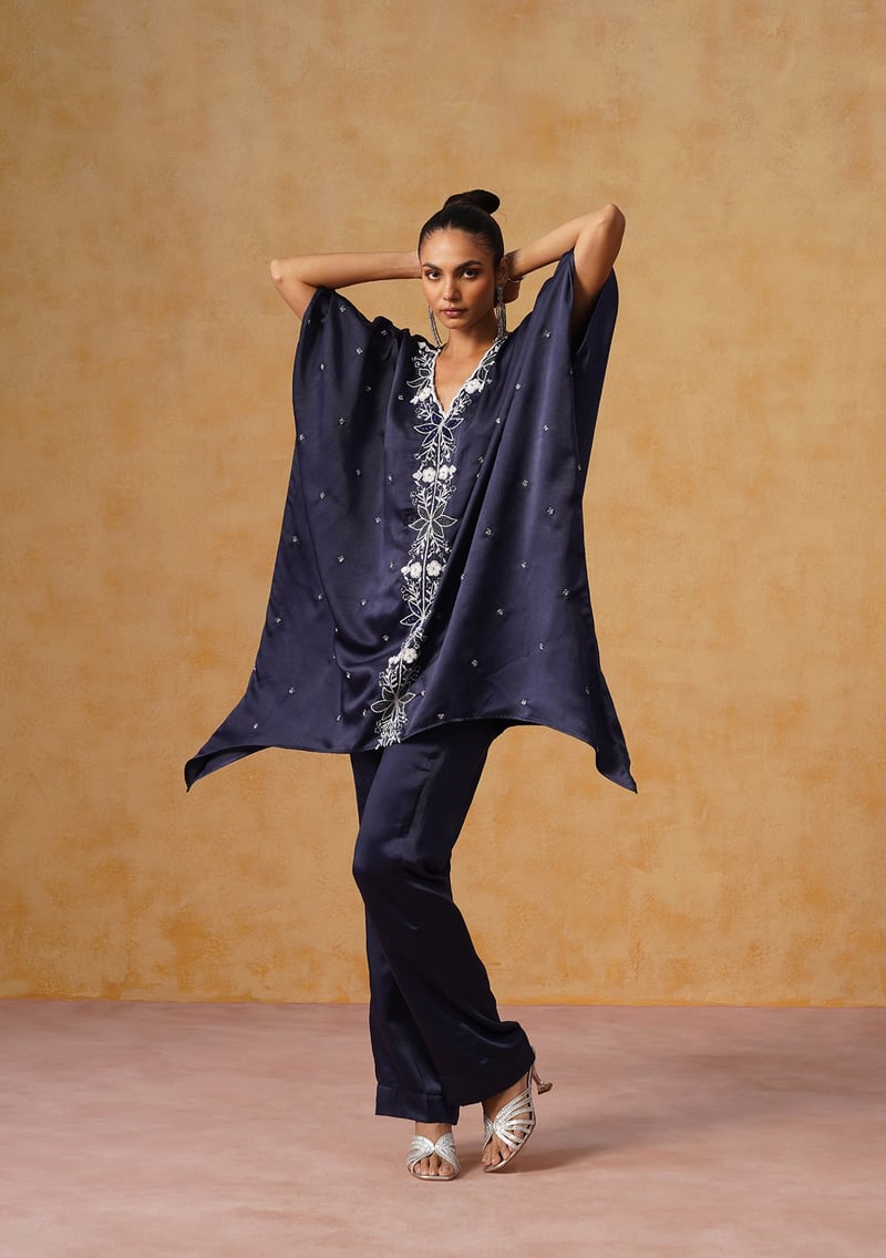 Navy Satin Embellished Kaftan Co-ord Set with Pants