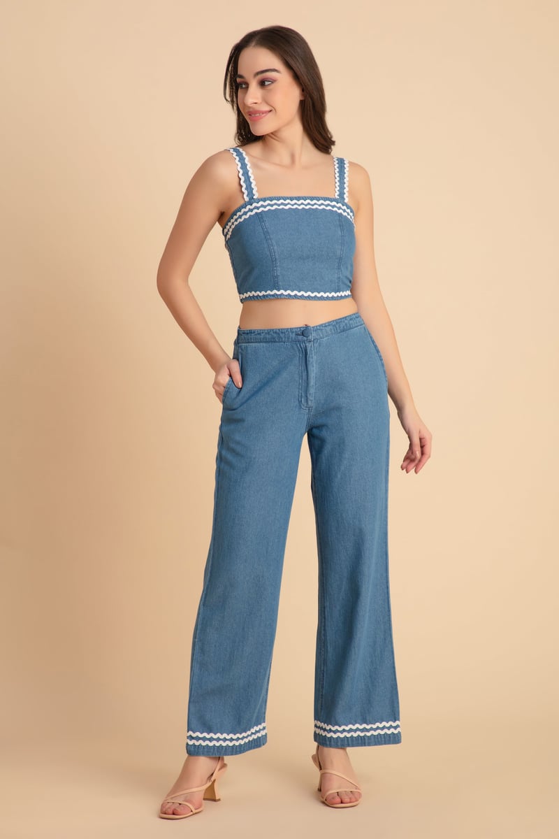 Blue Denim 3-Piece Co-ord Set with Bustier and Jacket