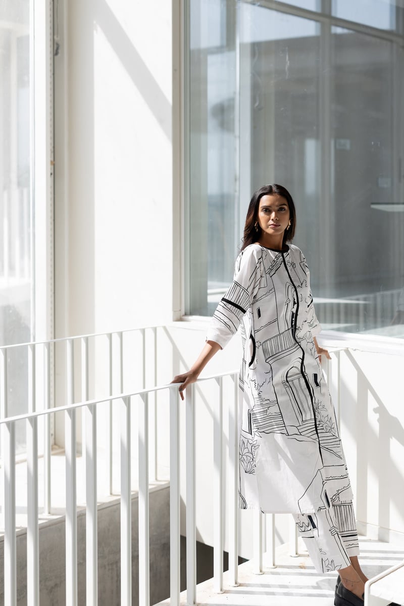White Monochrome Printed Cotton Poplin Kurta Set