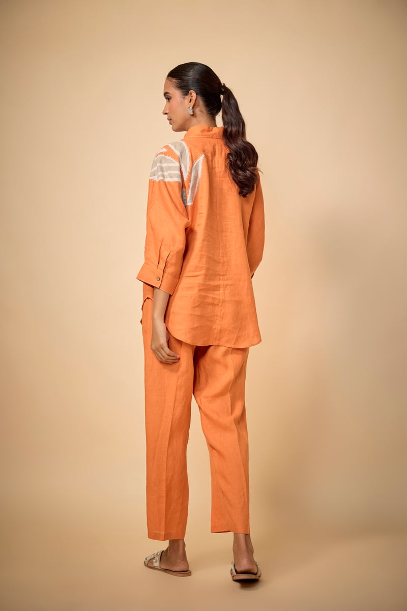 Orange Linen Shirt and Straight Pants Co-ord Set