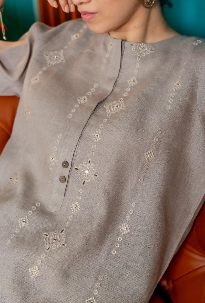 Fossil Grey Linen Kurta Set with Tonal Embroidery