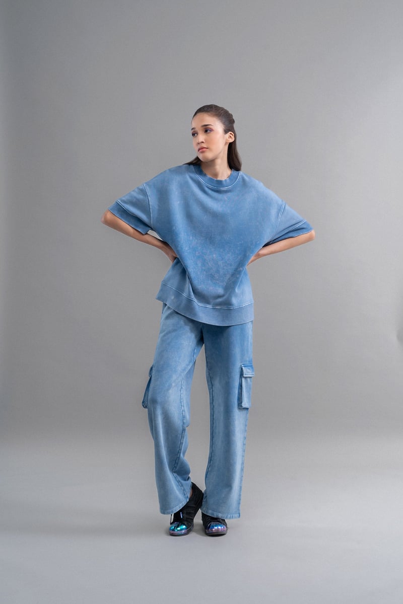 Blue Cotton Terry Wide-Leg Cargo Trousers