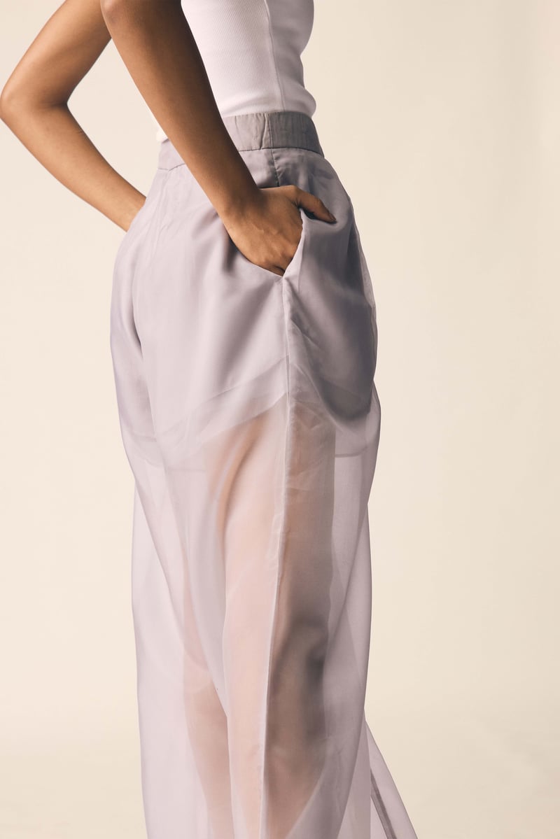 Grey Layered Organza Wide-Leg Pants