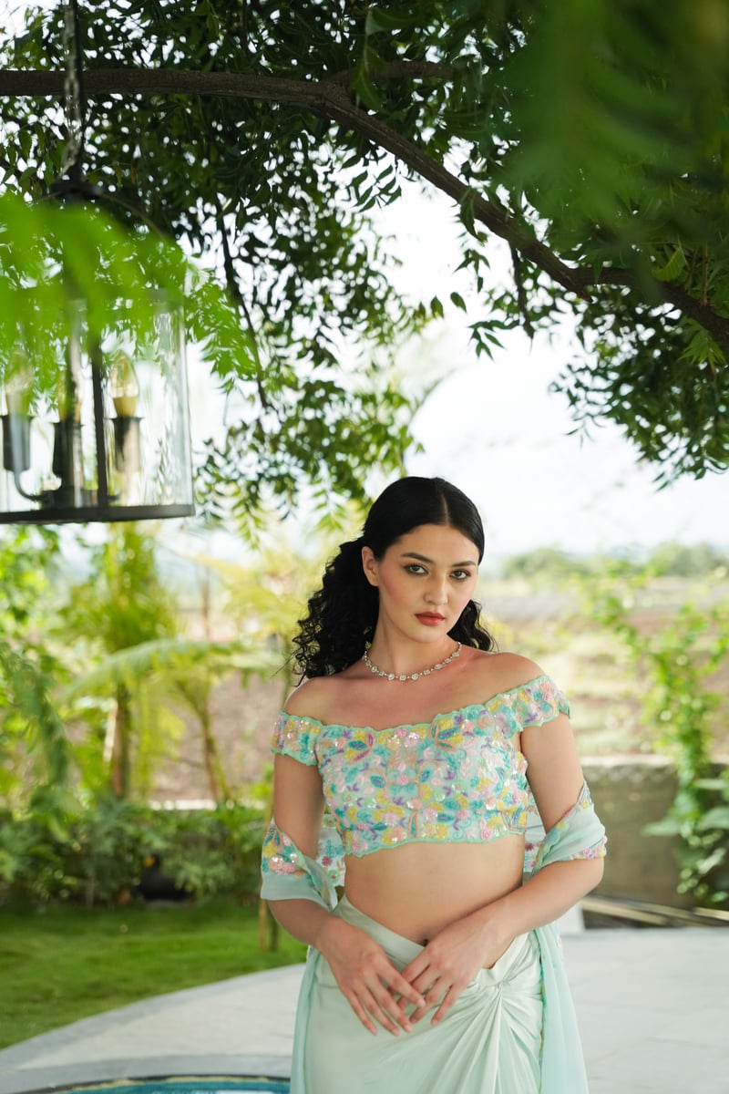 Green Off-Shoulder Embroidered Lehenga Set with Dupatta
