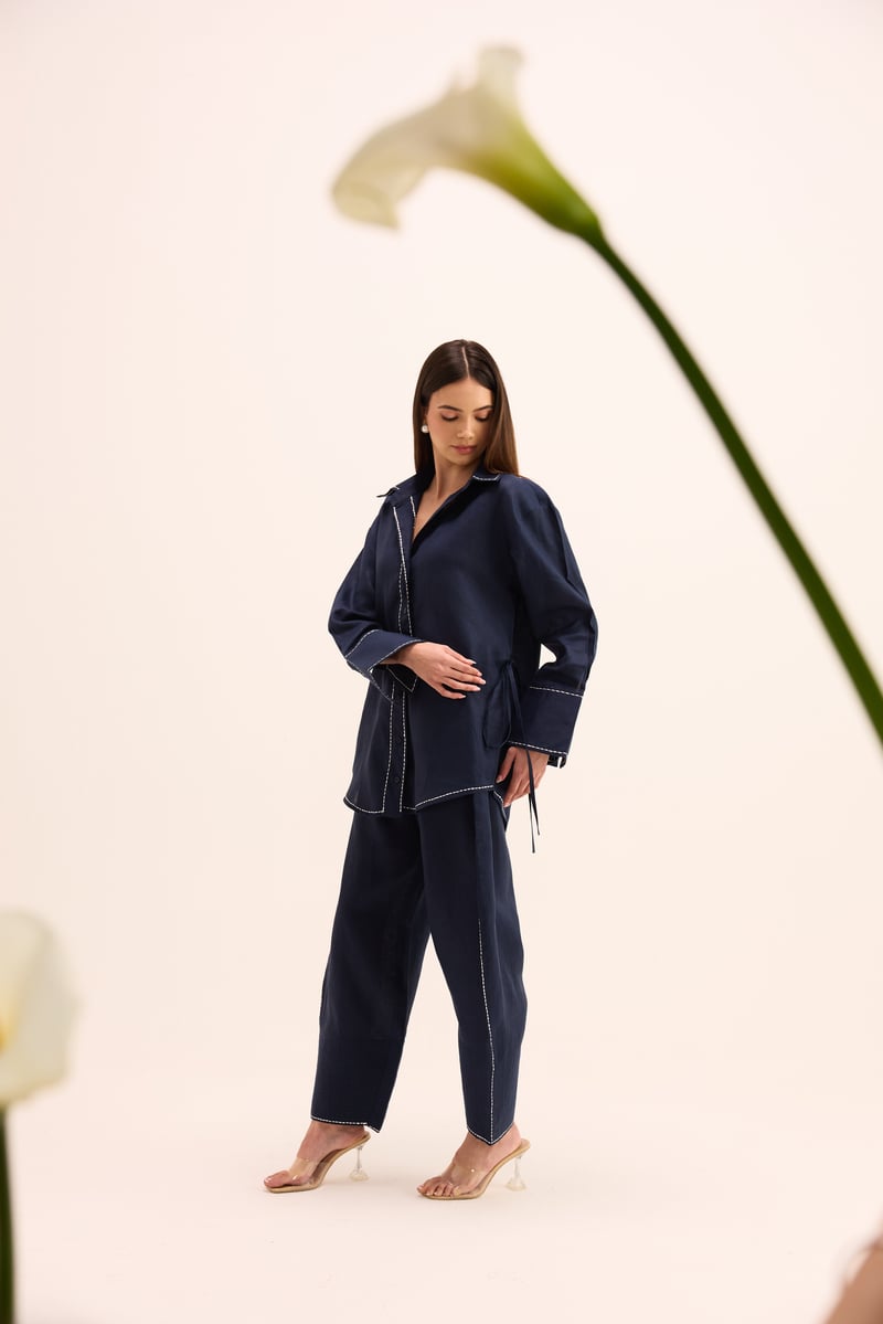 Blue Linen Shirt and Balloon Pants Co-ord Set