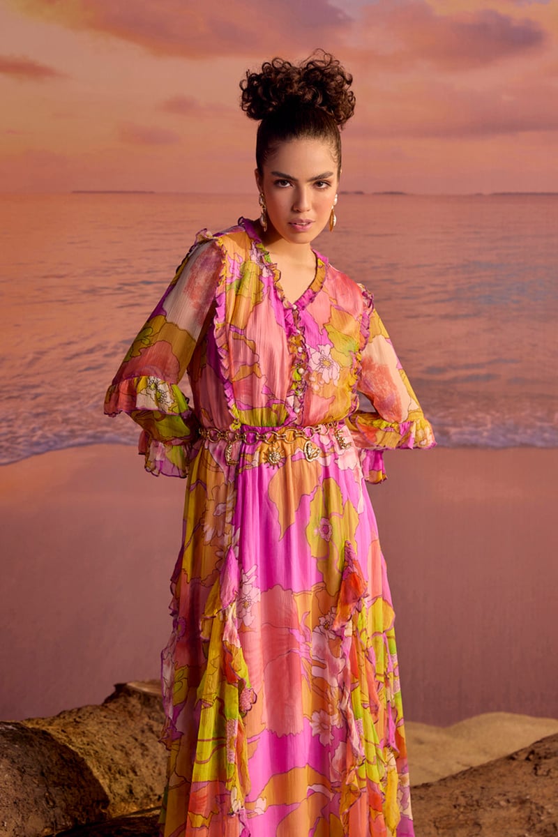 Yellow/Pink Printed Chiffon Tiered Midi Dress