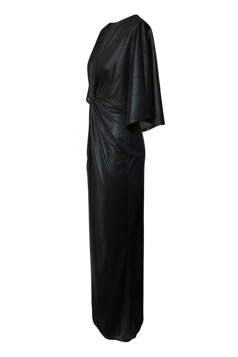Black Lamé Draped Maxi Gown with V-Neck and Front Slit