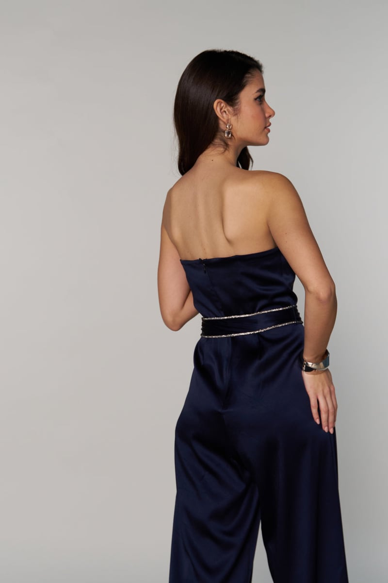 Navy Satin Strapless Sweetheart Jumpsuit with Belt