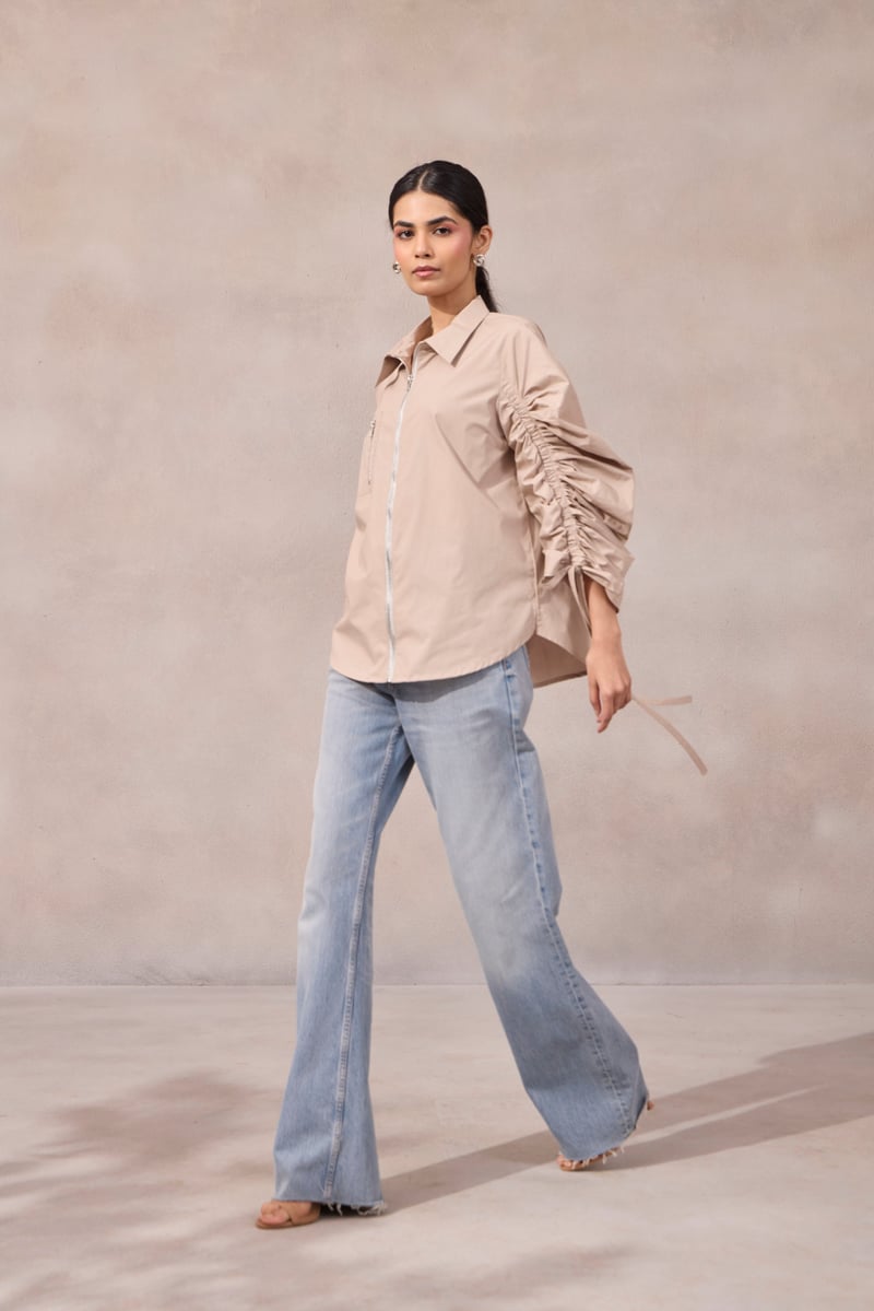 Lavender Zip-Front Shirt with Ruched Sleeves