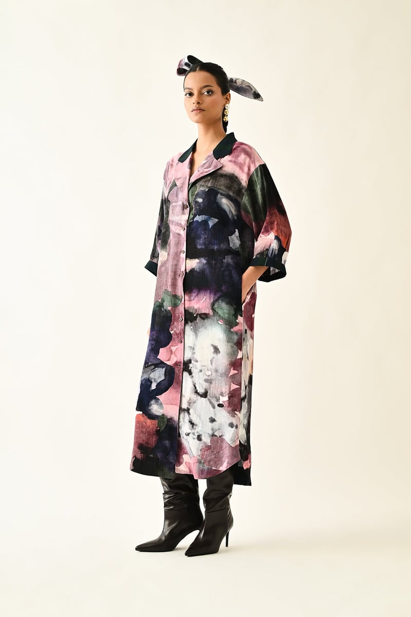 Multicolor Abstract Print Button-Front Midi Shirt Dress