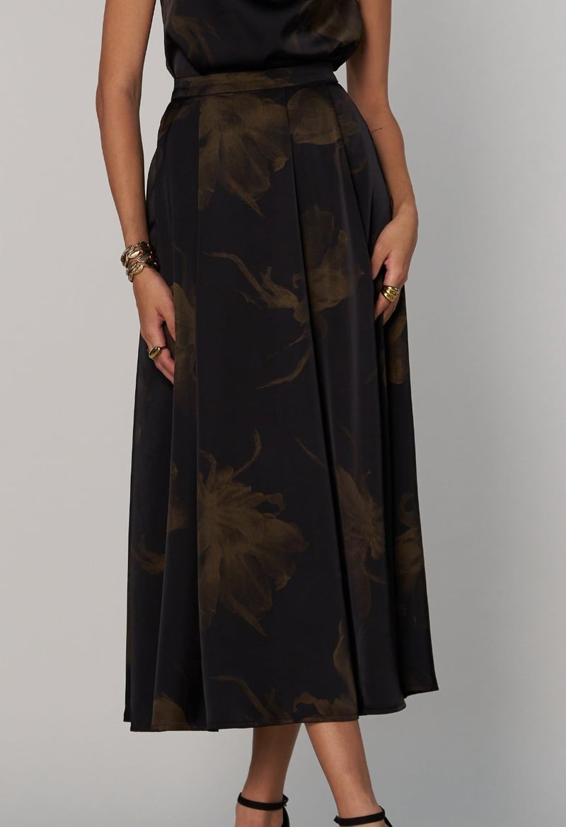 Black Satin Tonal Floral Print A-Line Midi Skirt