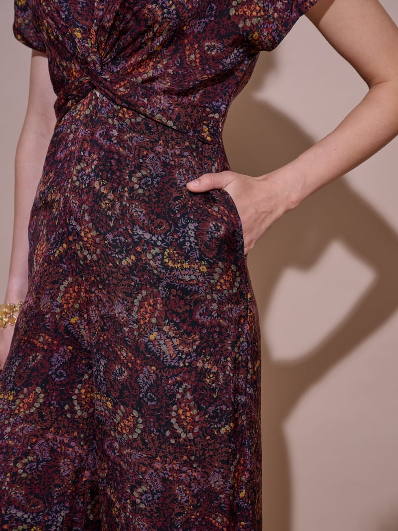 Wine Printed V-Neck Wide-Leg Jumpsuit with Knot Waist