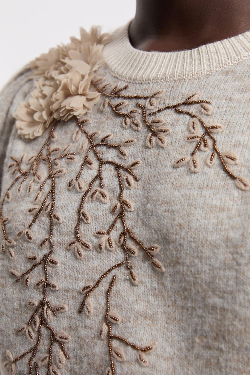 Ivory Embellished Puff Sleeve Pullover Sweater