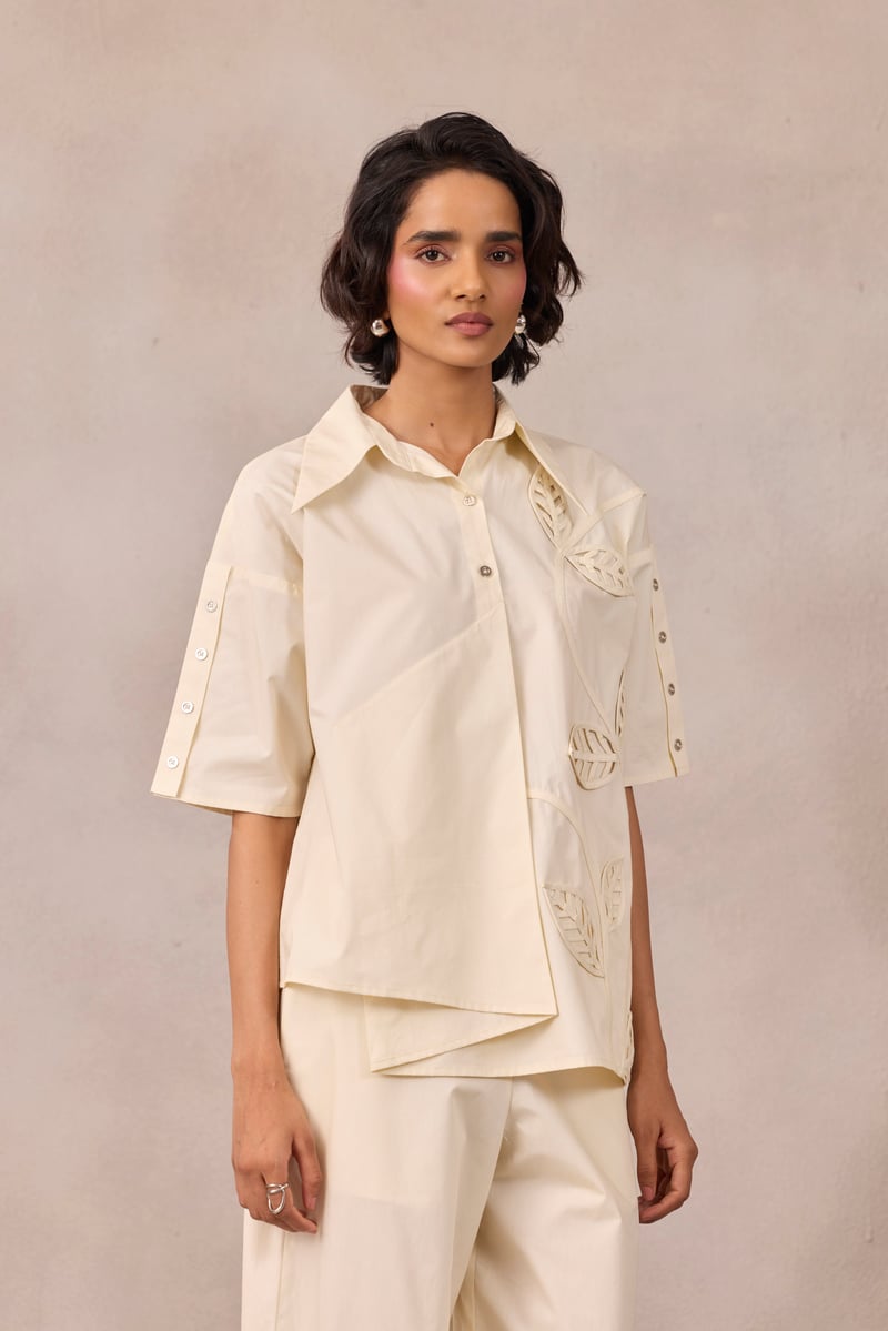 Vanilla Cloud Boxy Cotton Poplin Shirt with Leaf Applique