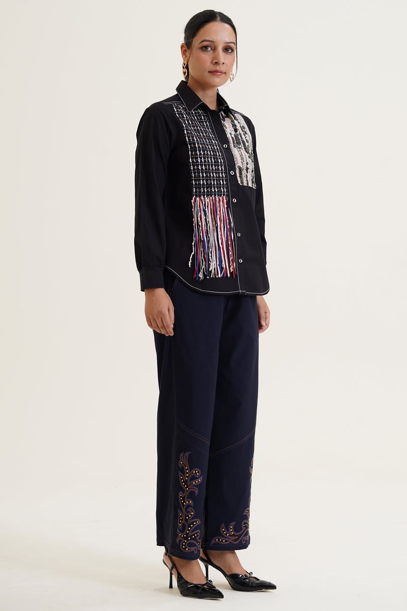 Black Fringe Detail Embellished Button-Down Shirt