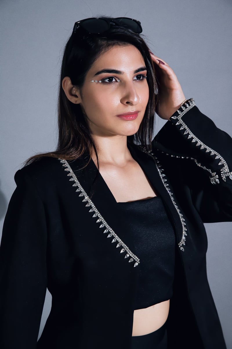 Black Crystal-Trim Blazer and Flared Trouser Co-ord Set