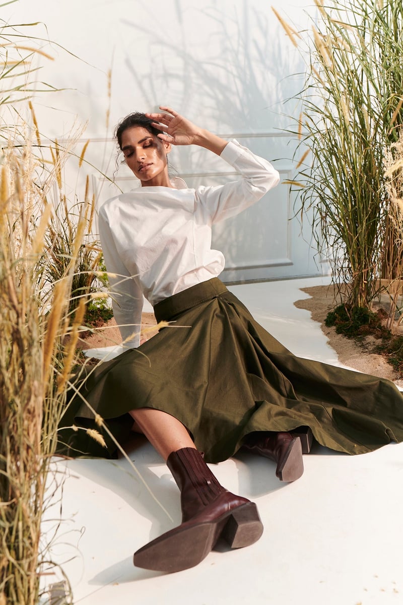 Dark Green Cotton Twill Wrap Midi Skirt
