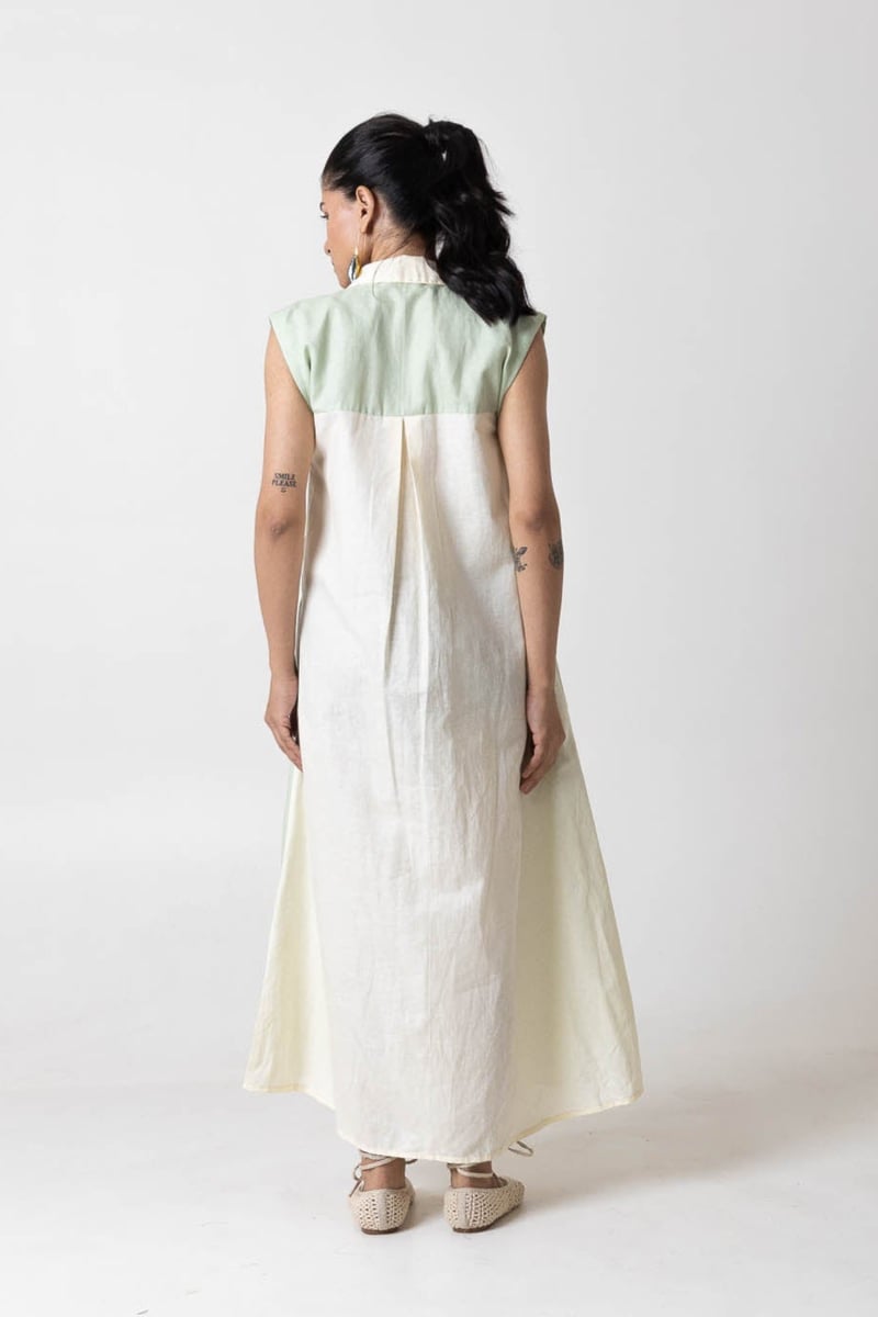 Mint and Off-White Colorblocked Maxi Shirt Dress
