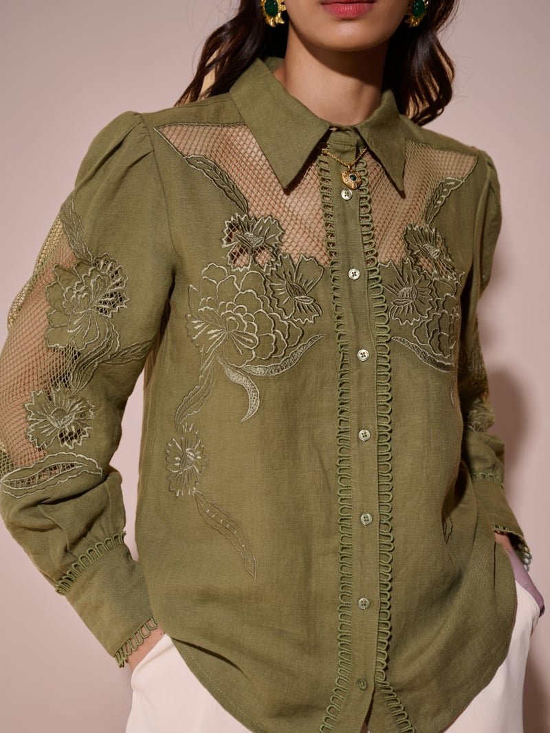Green Linen Shirt with Sheer Lace Yoke and Sleeves