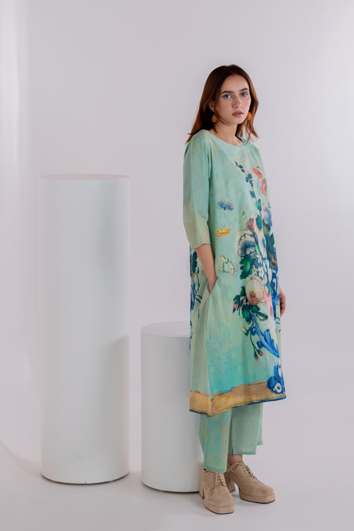 Aqua Green Printed A-Line Kurta and Pant Set
