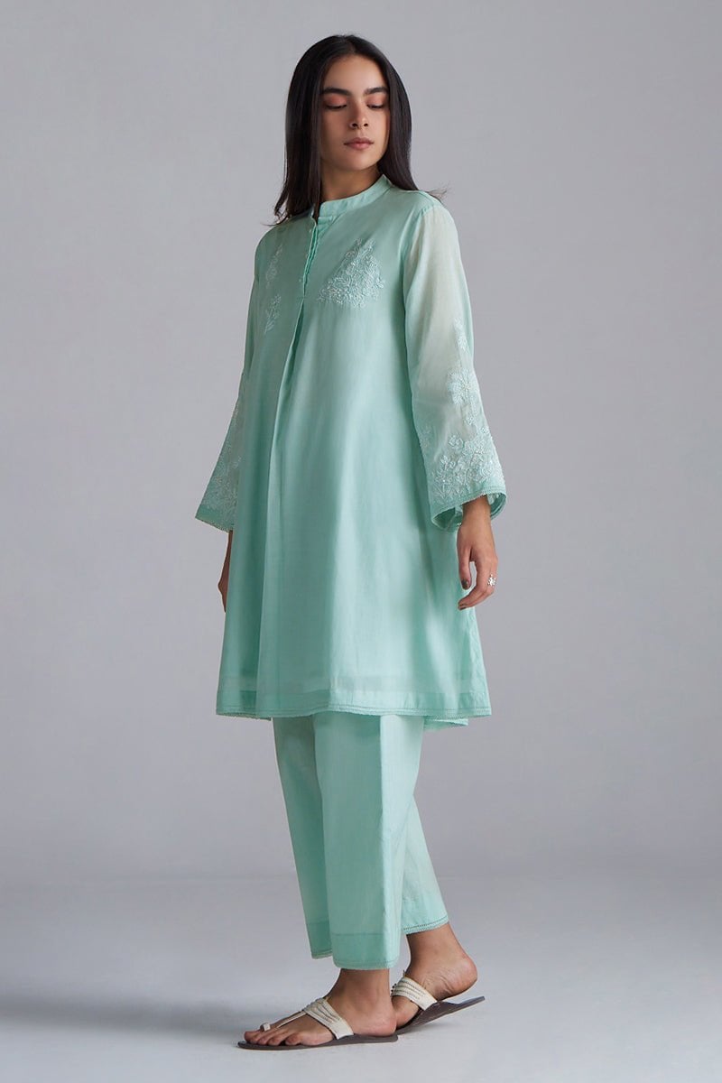 Dusky Aqua Mul-Mul Embroidered Kurta and Pant Co-ord Set