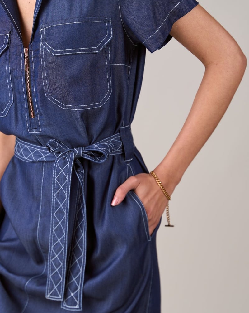 Blue Tencel Denim Belted Mini Shirt Dress