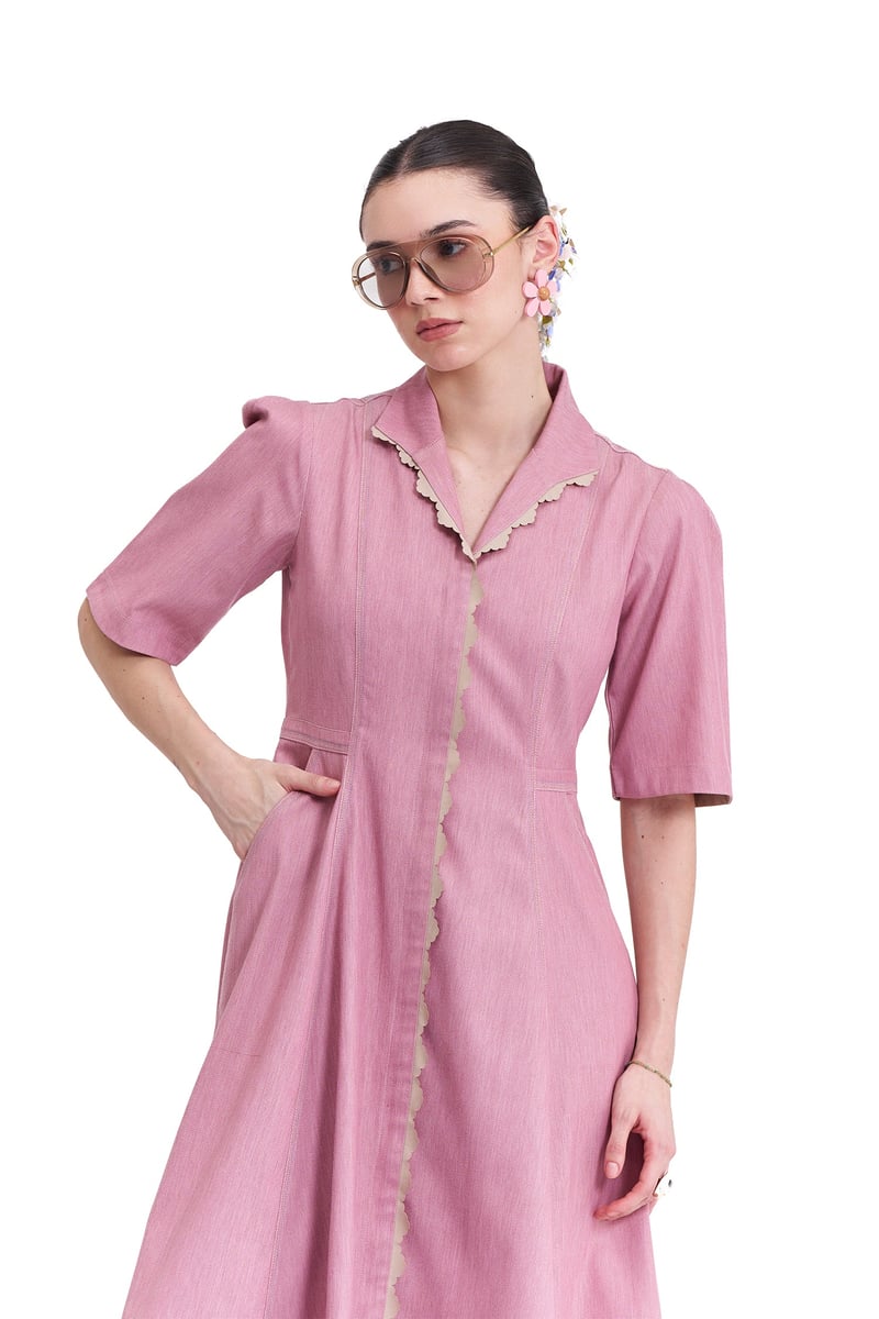 Rosewood Denim Fit and Flare Midi Dress with Zip Front