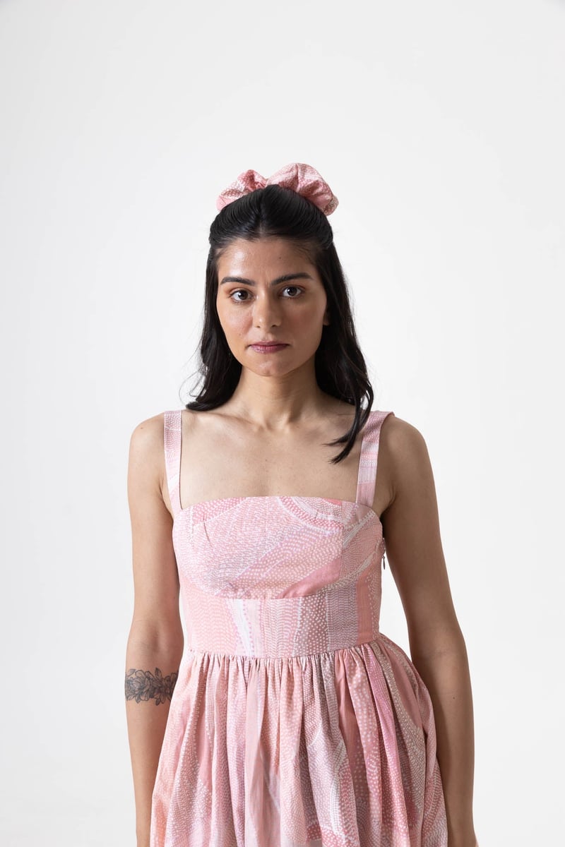 Pink/Peach Printed Fit and Flare Midi Dress