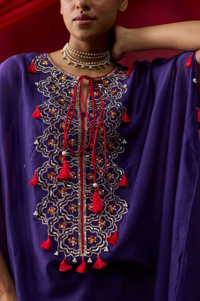 Purple Silk Chanderi Embroidered Kaftan Set with Slip