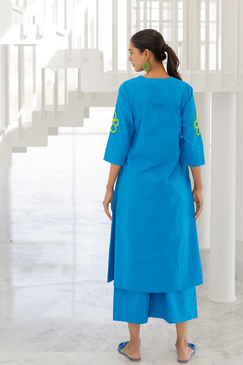 Blue Floral Cord-Embroidered Kurta Set with Pants