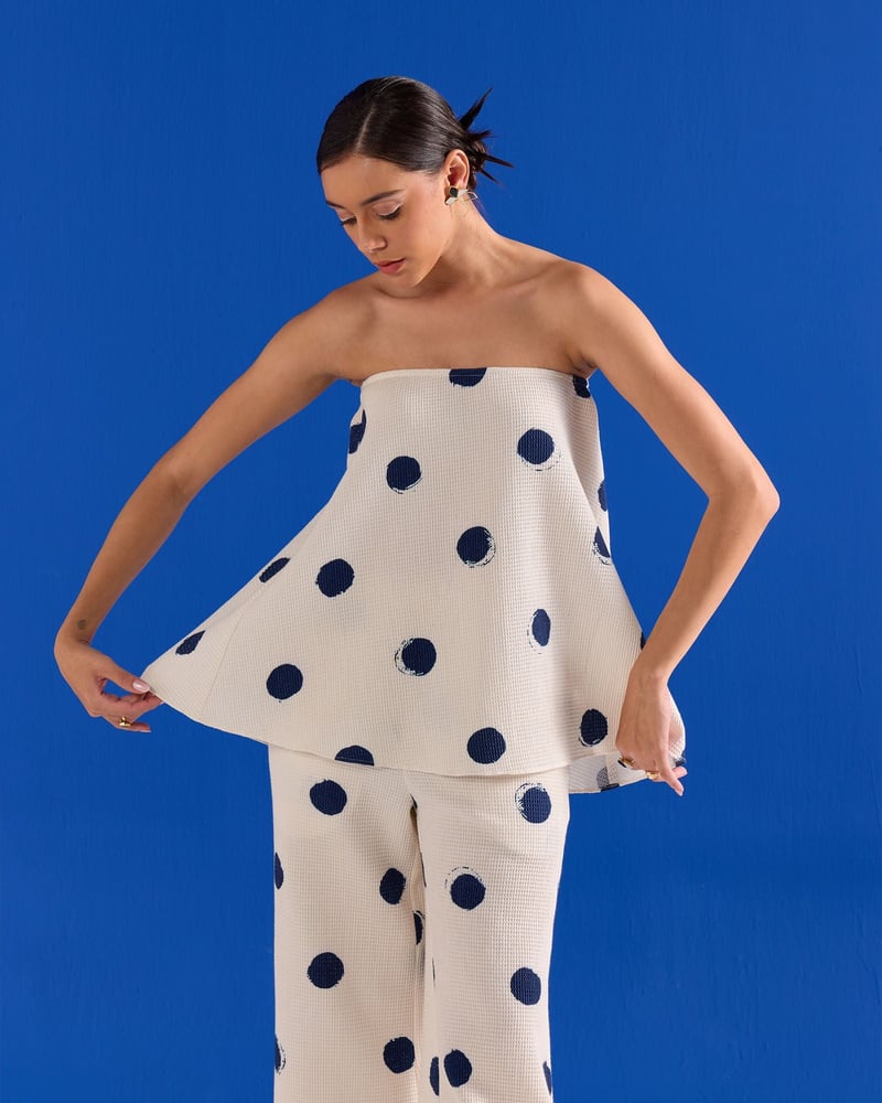 Blue/White Strapless Polka Dot Cotton Waffle Dress