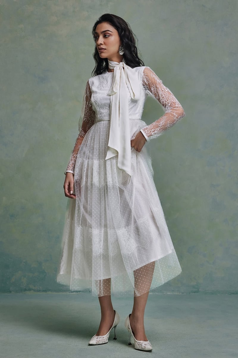 White Lace Sleeve Fit and Flare Midi Dress