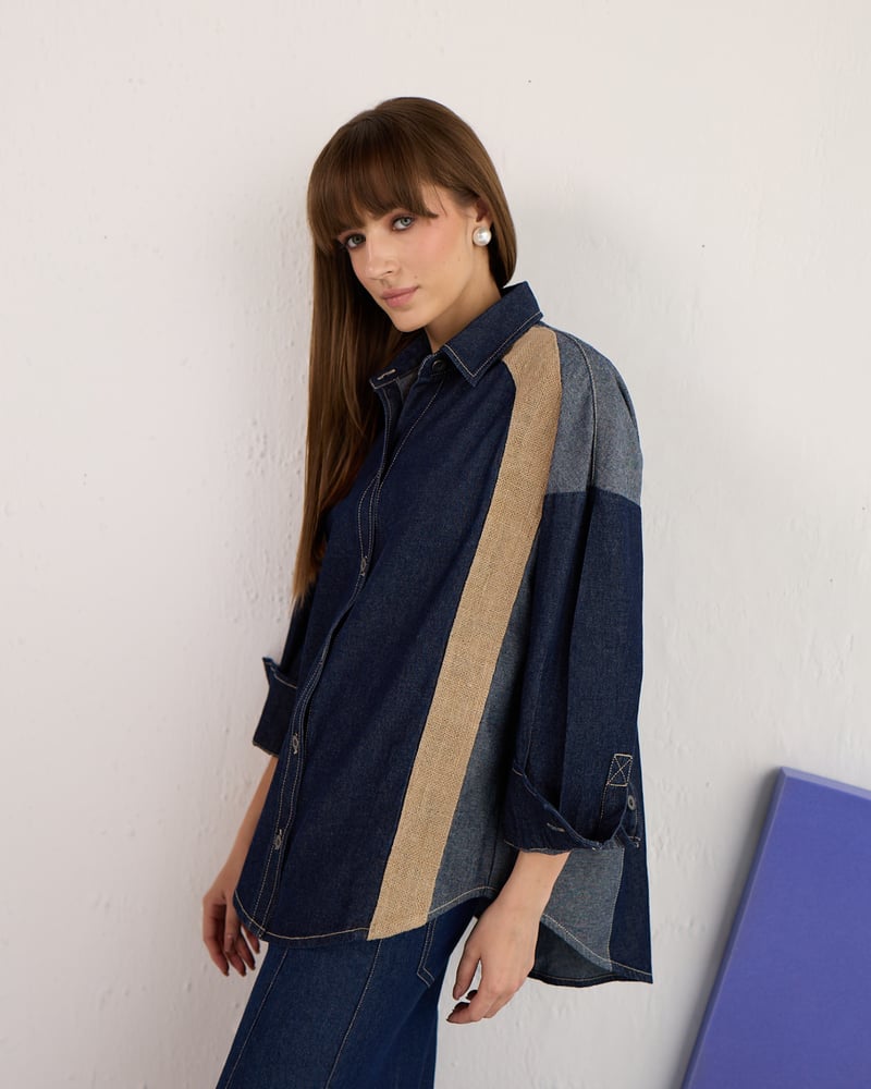 Blue Colorblocked Denim and Jute Relaxed-Fit Shirt