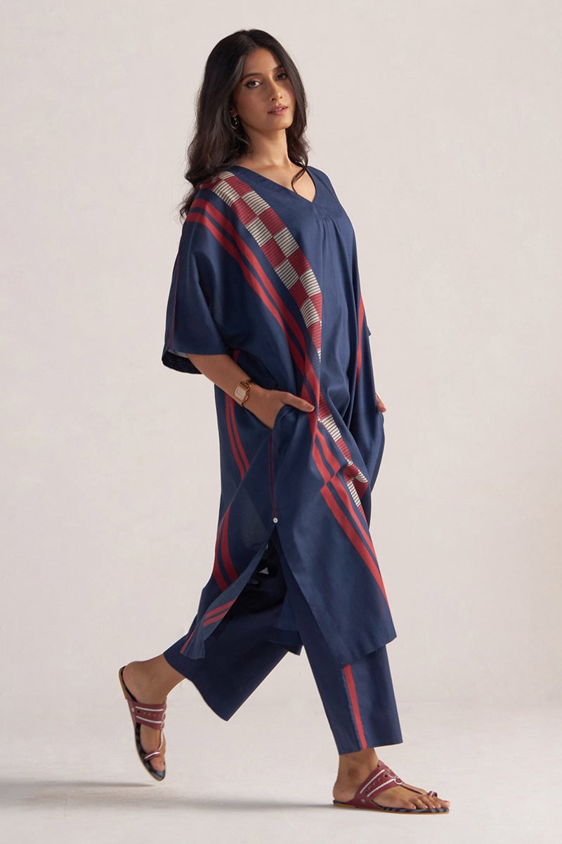 Navy Blue Printed Kaftaan Co-ord Set with Wide-Leg Pants