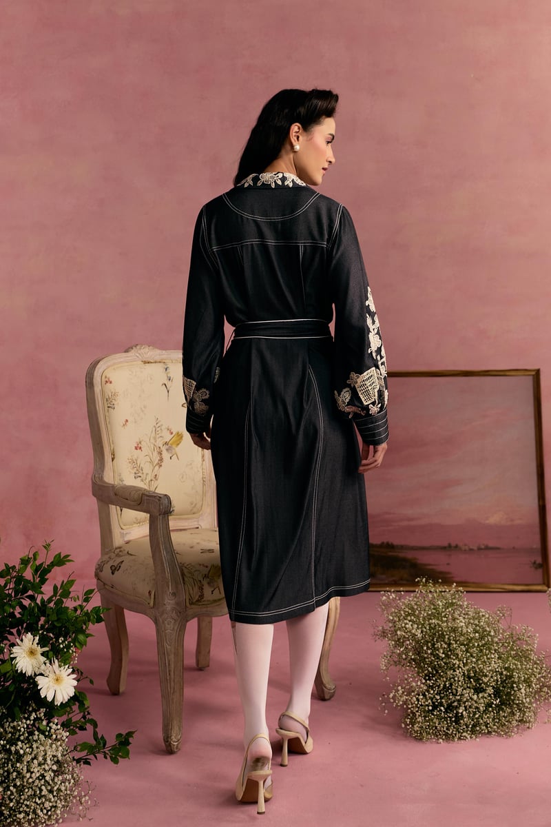 Black Shirt Dress with Embroidered Sleeves and Tie Belt