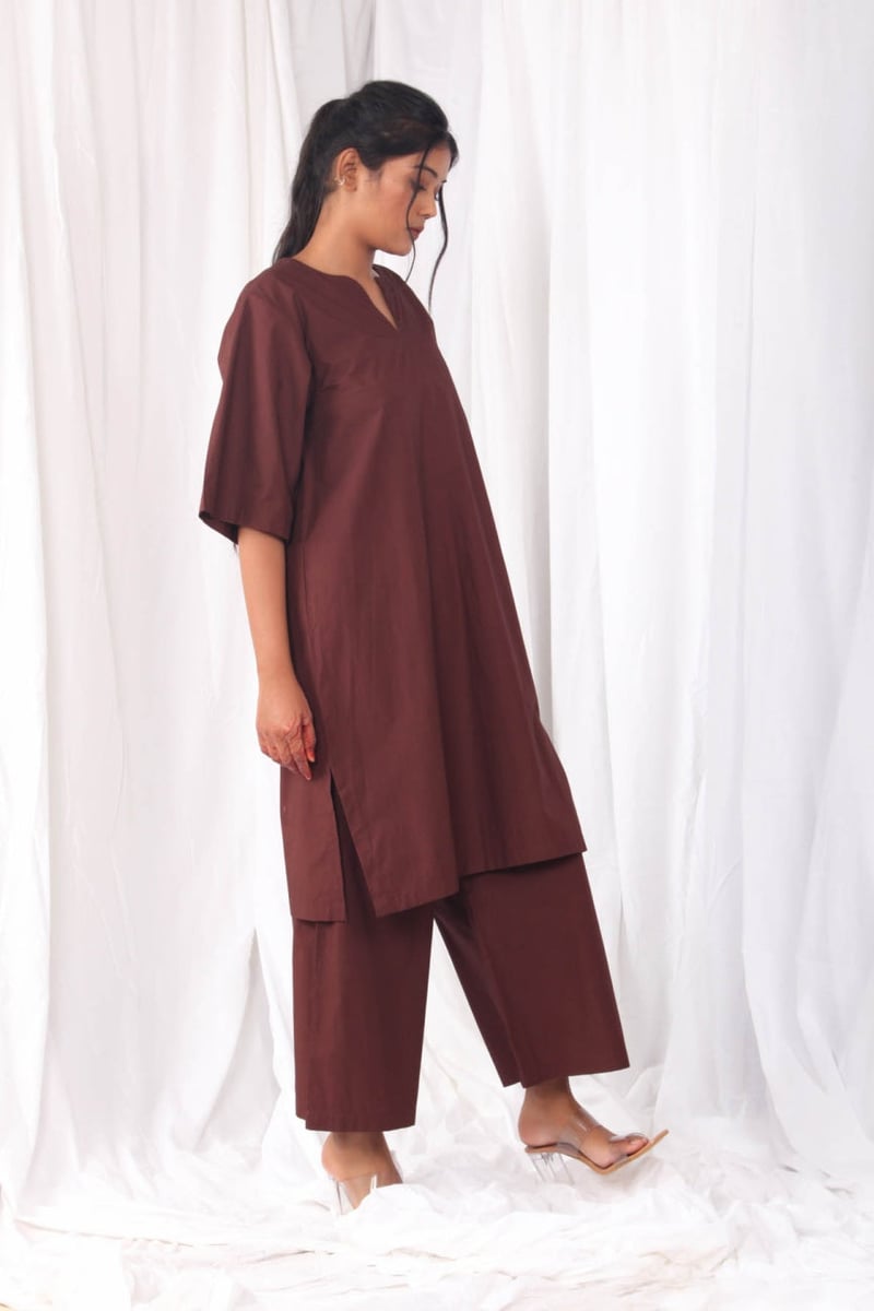 Brown Poplin Cotton V-Neck Longline Top